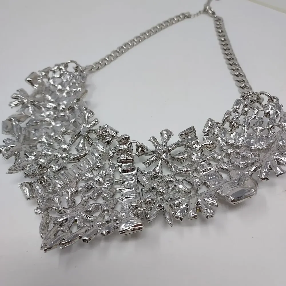 Rhinestone Statement Necklace Floral Large Heavy Bib Collar Silver Tone 3
